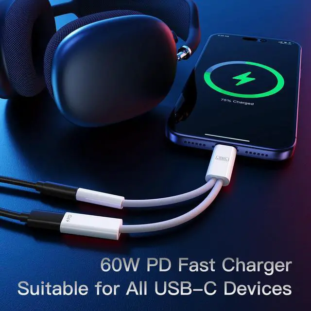 Alt view image 11 of 14 - 32-bit/384kHz Hi-Fi DAC & PD 60W Charger USB-C to 3.5mm Headphone Jack Audio Adapter, Aux Audio Dongle Cable with Type C Fast Charging,48kHz Mic Input Supported, 2-in-1 Hi-Res Headphone Splitter