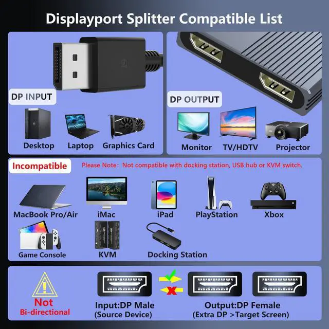 Alt view image 14 of 14 - Display Port Splitter for Dual Monitors, 4K@120Hz DisplayPort to Dual DisplayPort Adapter, Displayport MST Hub, Monitor Splitter, Dual Monitor Adapter for Laptop, Desktop, Graphics Card and More
