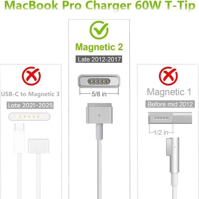 Alt view image 10 of 14 - Mac Book Pro Charger 60W T-Tip Mag-netic 2, Compatible with Mac Book Pro/Air 11-inch and 13-inch (Applicable to 2012-2017)