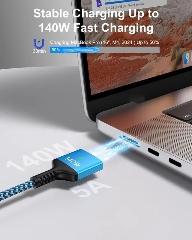 Alt view image 11 of 14 - USB C to Magnetic 3 Cable, 140w Type C Mag-safe3 Fast Charging Power Cord Braided 6FT USB-C Apple Mag Safe Mac Charge Wire for MacBook Pro 14 16 M4 M3 M1 2024 2023 2021 MacBook Air 13 15 M2 2022