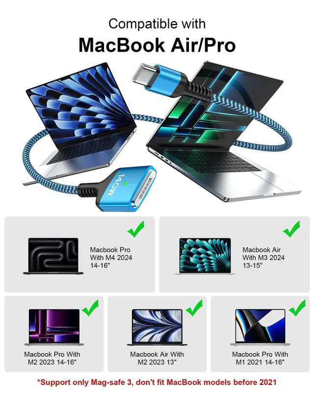 Alt view image 14 of 14 - USB C to Magnetic 3 Cable, 140w Type C Mag-safe3 Fast Charging Power Cord Braided 6FT USB-C Apple Mag Safe Mac Charge Wire for MacBook Pro 14 16 M4 M3 M1 2024 2023 2021 MacBook Air 13 15 M2 2022
