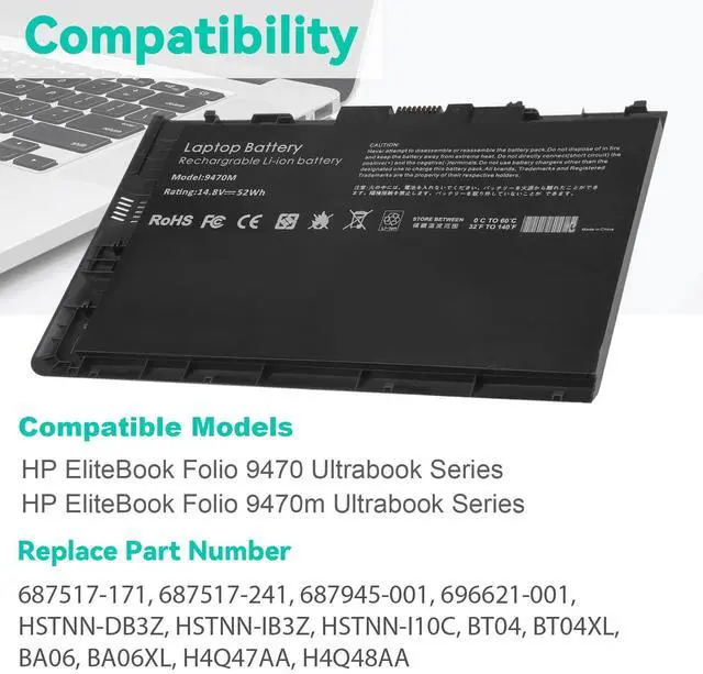 Alt view image 11 of 14 - BT04XL 9470M Notebook Battery for HP EliteBook Folio 9470 9470M 9480m Ultrabook BT04 BA06 HSTNN-IB3Z HSTNN-I10C 687945-001 H4Q47AA 687517-241 HSTNN-DB3Z 687517-171 BA06XL H4Q48AA - 14.8V 52WH