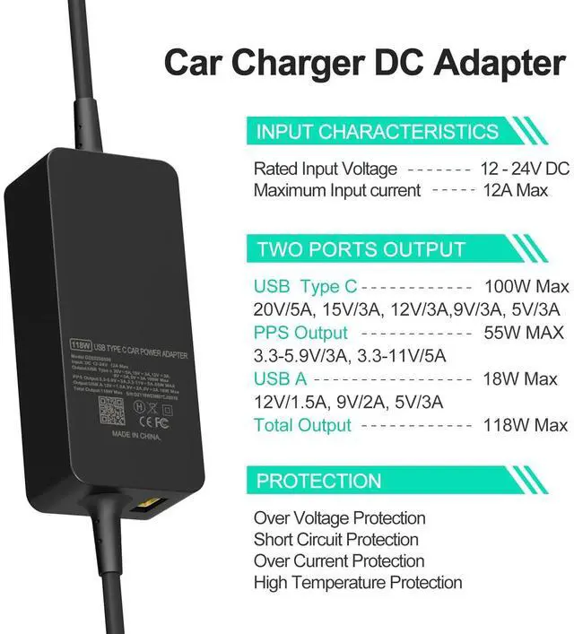 Alt view image 13 of 14 - 100W Laptop Car Charger USB C Car Charger for Dell Latitude/Precision/XPS, Compatible MacBook Pro/Air,HP Spectre/Elitebook,Samsung Galaxy,Asus,acer,Lenovo ThinkPad/Yoga/Idea Car Laptop Charger