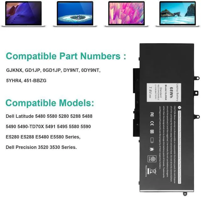 Alt view image 12 of 14 - 68Wh GJKNX Battery Replacement for Dell Latitude 5480 5580 5280 5288 5488 5490 E5280 E5288 E5480 E5580 Series.p/n:Battery GJKNX, GD1JP, 0GD1JP, DY9NT, 0DY9NT, 5YHR4, 451-BBZG