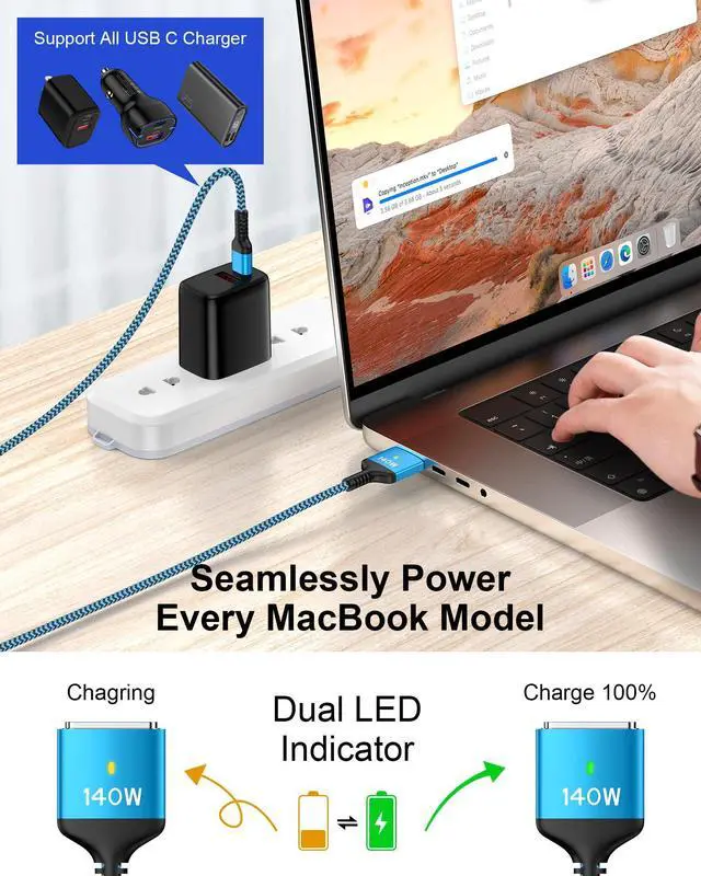 Alt view image 12 of 14 - USB C to Magnetic 3 Cable, 140w Type C Mag-safe3 Fast Charging Power Cord Braided 6FT USB-C Apple Mag Safe Mac Charge Wire for MacBook Pro 14 16 M4 M3 M1 2024 2023 2021 MacBook Air 13 15 M2 2022