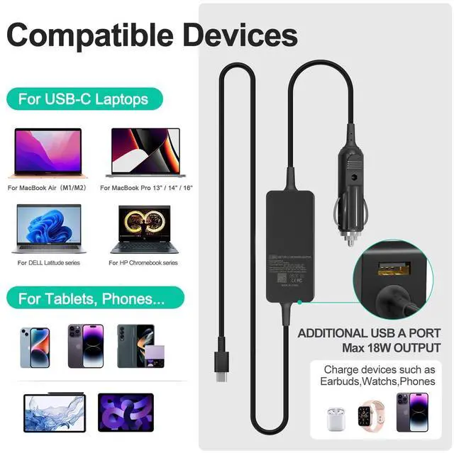 Alt view image 11 of 14 - 100W Laptop Car Charger USB C Car Charger for Dell Latitude/Precision/XPS, Compatible MacBook Pro/Air,HP Spectre/Elitebook,Samsung Galaxy,Asus,acer,Lenovo ThinkPad/Yoga/Idea Car Laptop Charger