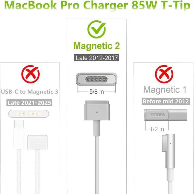 Alt view image 10 of 14 - Mac Book Pro Charger 85W Mag 2 T-Tip Power Adapter,Compatible with Retina Display (13/15-inch Mac Book Pro Models introduced in 2012 Through 2017)