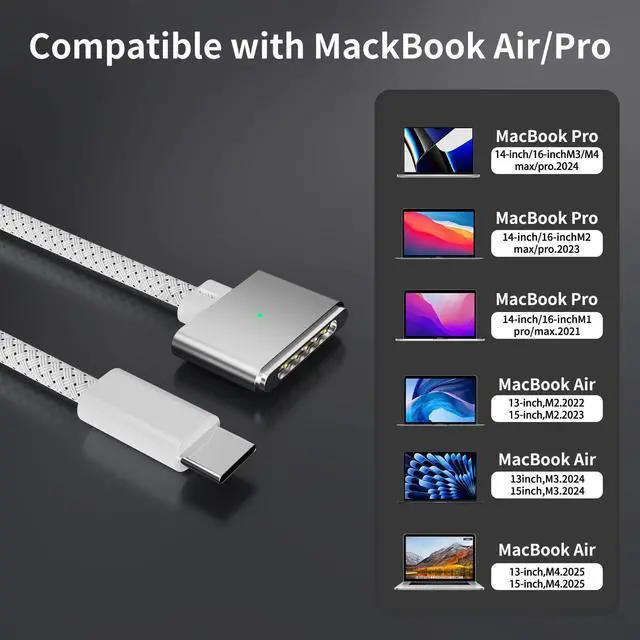 Alt view image 10 of 14 - 140W USB-C to Magnetic 3 Cable, 6.6FT Compatible with Magsafe 3 Cable for MacBook Air 2024 M3 13/15inch, 2023/2022 M2, Pro 2024/2023 M4/M2 Pro & Max 14" 16", 2021 M1 & Max 14" 16"