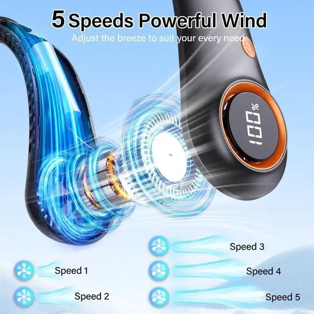 Alt view image 10 of 14 - Neck Fan Portable Rechargeable - Cooling Neck Fan with 5 Speeds, Hands-Free Bladeless Wearable Fan for Travel, Outdoor, Office, Summer Heat