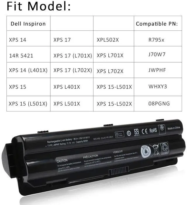 Alt view image 12 of 14 - 90Wh R795X Laptop Battery Replacement for Dell XPS 17 15 14 L701X L702x L501X L502x L401X Fit 312-1123 312-1127 453-10186 J70W7 JWPHF P09E WHXY3
