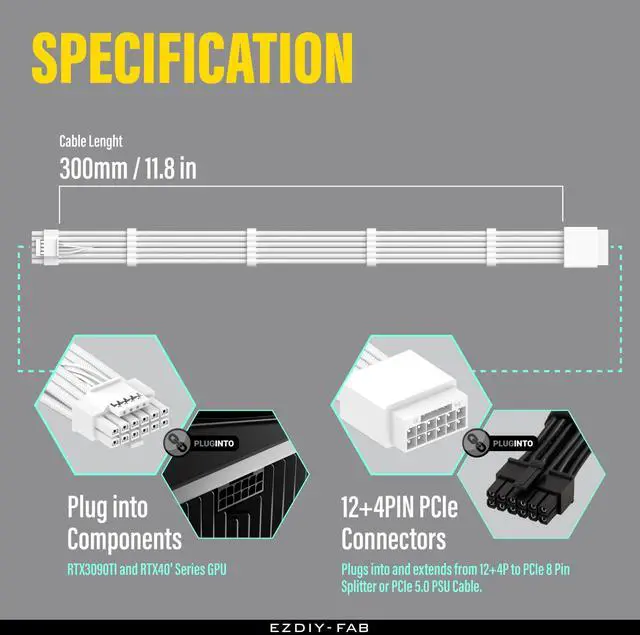 Alt view image 12 of 14 - 16pin (12+4) 12VHPWR PCIe 5.0 GPU Power Sleeved Cable Extension, Male to Female, Compatible with RTX 5080, 5070, 4090, 4080, 4070,16AWG with Cable Combs-All White