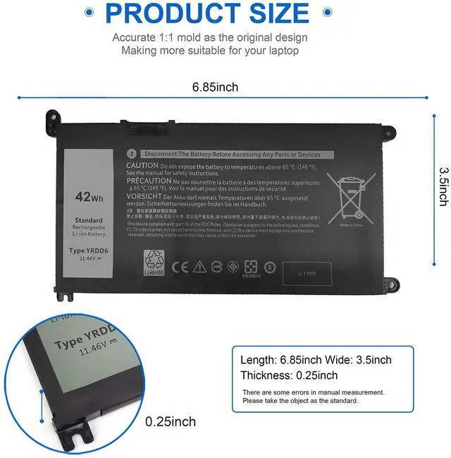 Alt view image 11 of 12 - 42Wh YRDD6 1VX1H Battery for Dell Inspiron 5482 5485 7586 3583 5491 5591 5481 3310 2-in-1 5593 5584 3493 3593 3793 5480 3582 5581 5590 3584 5493 5585 5594 5598 3501 P93G001 VM732 Vostro 3491 5490