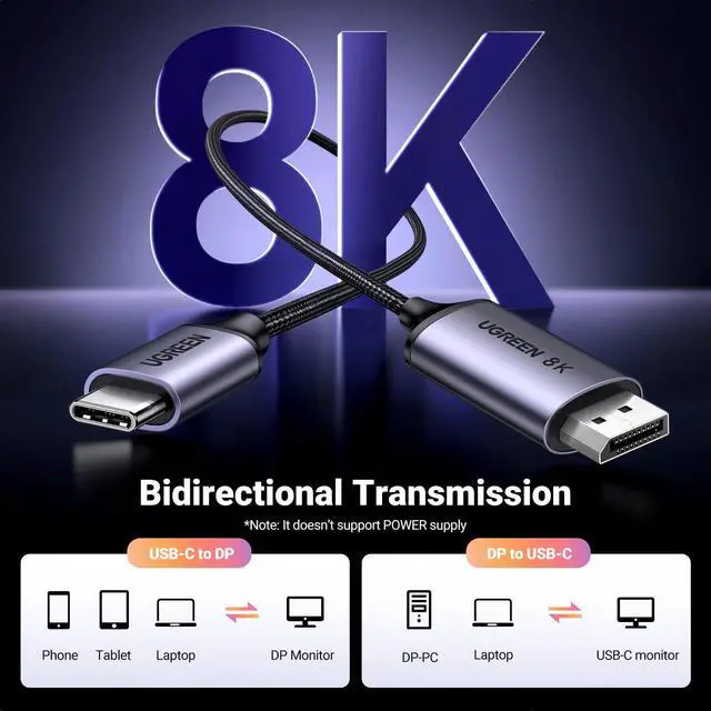 Alt view image 9 of 14 - Bidirectional USB C to DisplayPort 1.4 Cable 8K@60Hz 4K@240Hz DisplayPort to USB C Thunderbolt 4 Cord Alu Braided Compatible iPhone 17 Pro Max, Galaxy S26 MacBook Pro/Air, iPad, XPS 17, 6.6FT