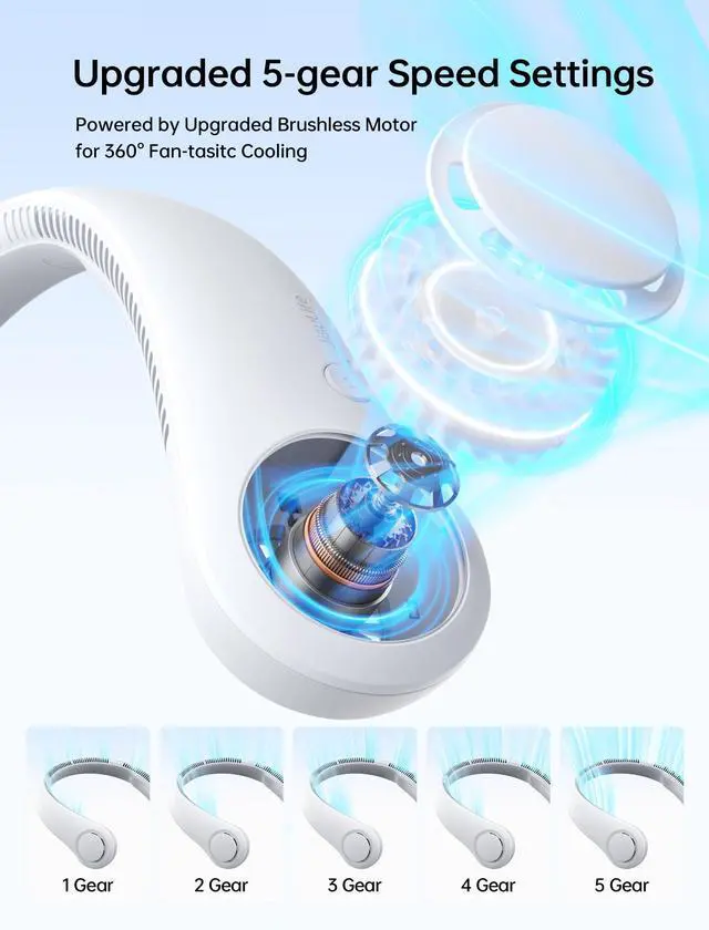 Alt view image 10 of 14 - Portable Neck Fan, Hands-Free Bladeless, 5 Speeds, 4000 mAh Battery Operated Wearable Personal Fan, Twistable, Rechargeable, Gift for Women Men-Grey