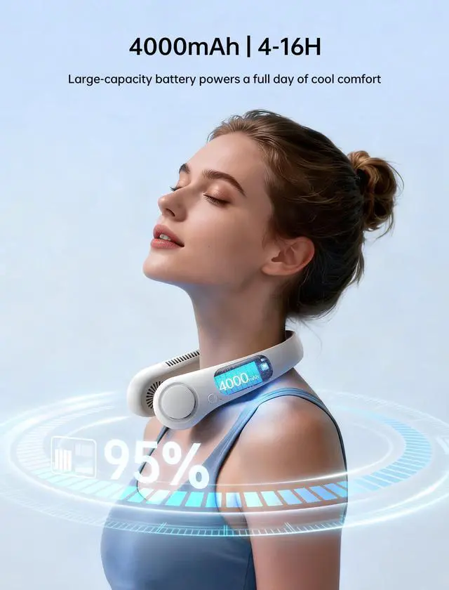 Alt view image 12 of 14 - Portable Neck Fan, Hands-Free Bladeless, 5 Speeds, 4000 mAh Battery Operated Wearable Personal Fan, Twistable, Rechargeable, Gift for Women Men-Grey