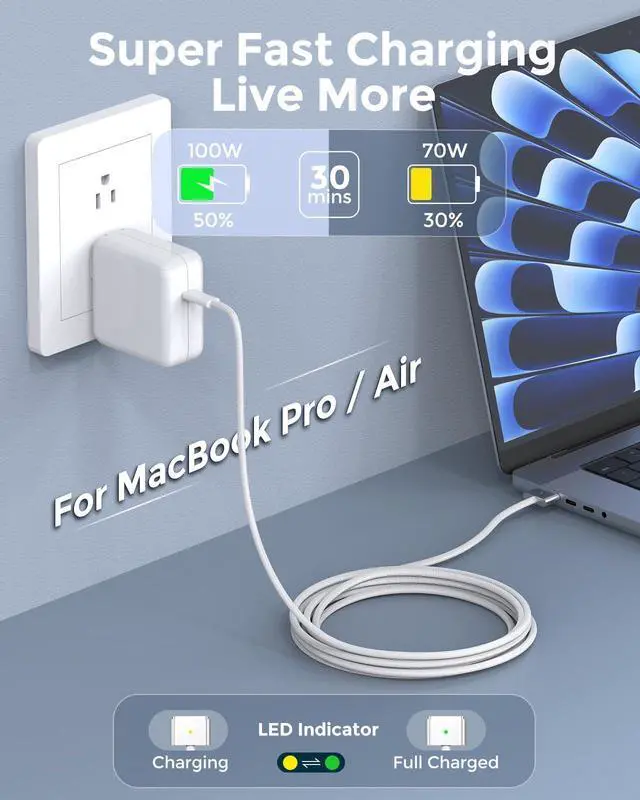 Alt view image 14 of 14 - Charger for MacBook Air 13.6 15 inch Mac Book Pro 14 16 inch 2025 2024 2023 2022 2021 M5 M4 M3 M2 M1, Super Compact Power Adapter, 6.6FT USB C to Powerful Magnetic 3 Braided Cable, Original Quality