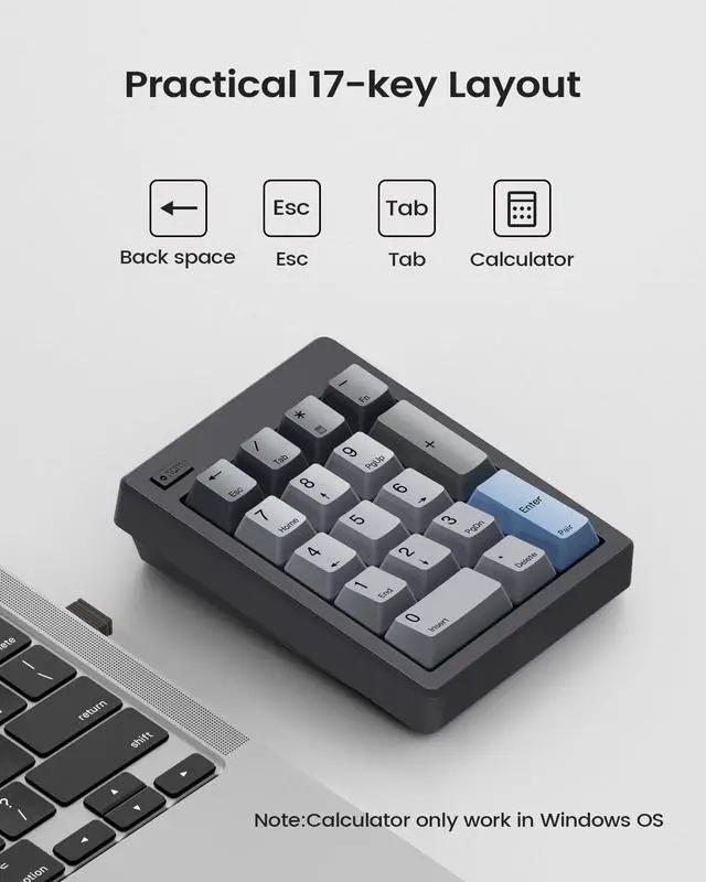 Alt view image 10 of 14 - FD17 Wireless Mechanical Number Pad, Bluetooth 5.0& 2.4G Dual Mode Numeric Keypad, 17 Keys Hot Swappable Numpad with PBT Keycaps for Laptop/PC/TKL Keyboards(Black, Linear Switch)