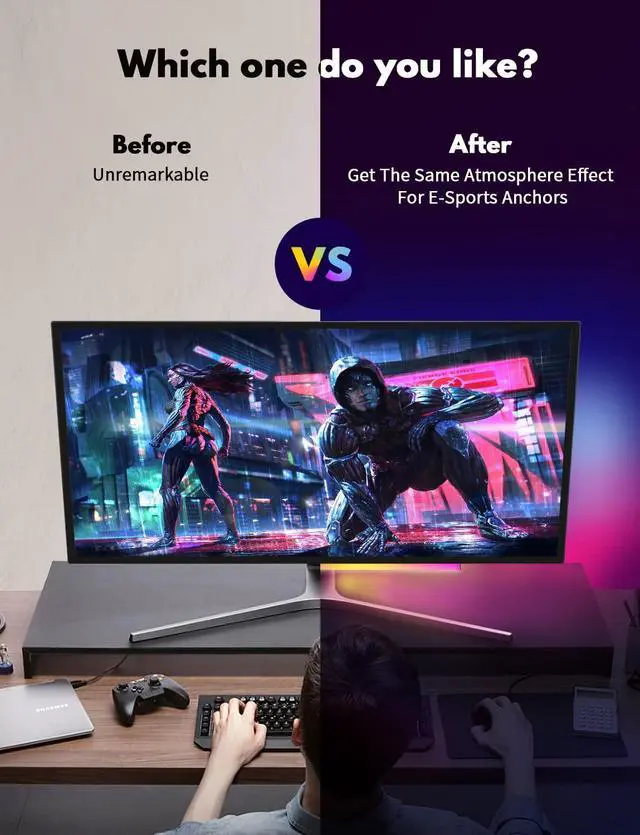 Alt view image 10 of 12 - Under Monitor RGB Light Bar, LED Light for Desk Gaming Setup, USB Powered Keyboard Light, 12 Inch 5V, 353 Color Change Modes, Wireless Remote, LED Ambient Lights for Room Decor, Desk Setup, PC