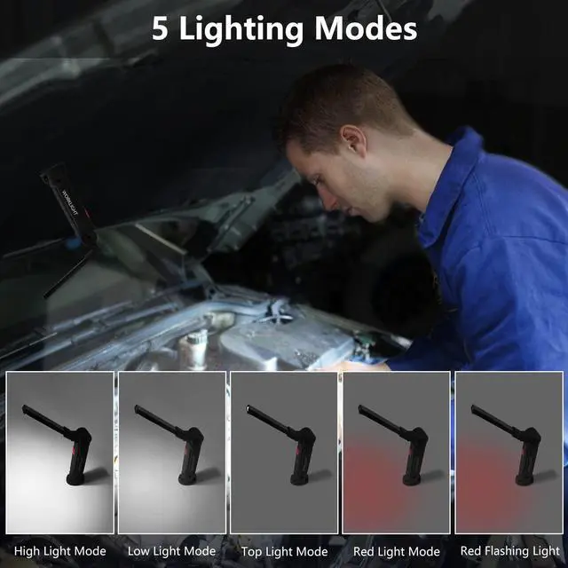 Alt view image 9 of 14 - Working Light Portable, Rechargeable Work Lights with Magnetic Base Hanging Hook,360° Rotate 5 Modes,COB LED 800 Lumens Foldable Inspection Light for Car Repair, Grill and Outdoor Use(4pack)