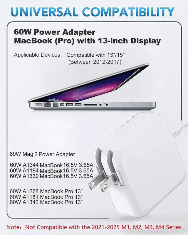 Alt view image 9 of 14 - 60W Mac Book Pro Charger, Mag 2 Power Adapter, Compatible with Mac Book Pro/Air 13 inch-15 inch Retina (Applicable to 2012-2018 Models)