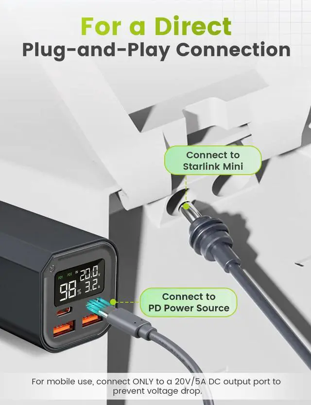 Alt view image 9 of 12 - USB-C to DC Power Cable for Starlink Mini (3M/9.8FT) with Smart PD Chip, 18AWG Replacement Type C Male to DC5521 Male Charging Cord, Stable Power Supply Accessory for Outdoor Camping