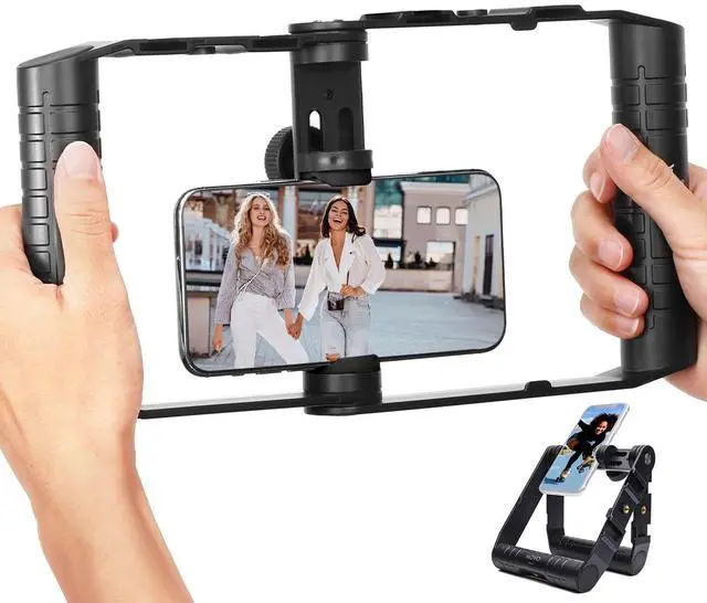 Alt view image 8 of 14 - SPR-20 Foldable Smartphone Video Rig Cage with Cold Shoe Mounts for Microphone or LED Light - Vlogging Mount Compatible with iPhone, Android - Smartphone Video Stabilizer Grip - Filming Equipment