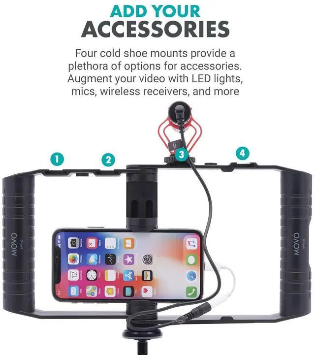 Alt view image 11 of 14 - SPR-20 Foldable Smartphone Video Rig Cage with Cold Shoe Mounts for Microphone or LED Light - Vlogging Mount Compatible with iPhone, Android - Smartphone Video Stabilizer Grip - Filming Equipment