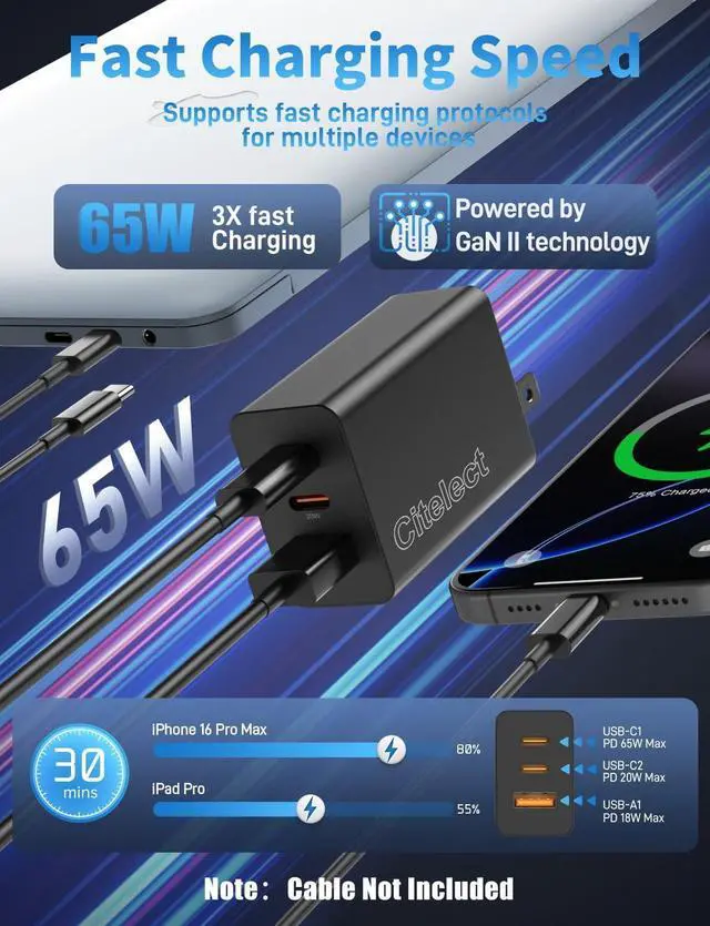 Alt view image 10 of 14 - 2Pack 65W USB C Charger Block, 3Port Fast Charging Adapter, Type C Fast Charging Blocks Cube PD USBC Wall Plug+QC3.0 USB A Charger Brick for MacBook Pro/Air,iPad,iPhone 17/16,SamsungS26/S25&More-Black