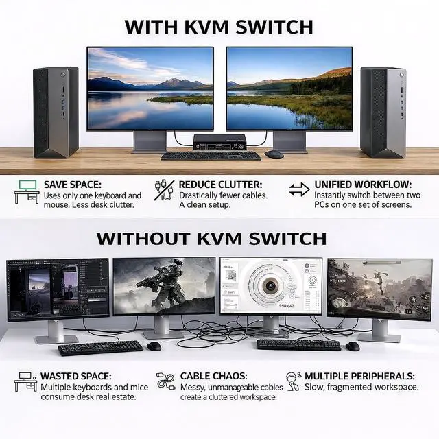 Alt view image 9 of 14 - HDMI KVM Switch 2 Monitors 2 Computers Dual Display 8K@60Hz, 4K@120Hz, USB 3.0 Fast Data Transfer, Plug & Play for Windows/Mac/Linux with an Additional 8K HDMI Cable