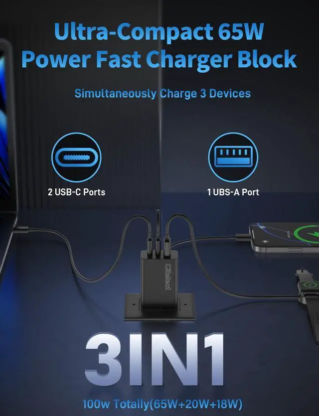 Alt view image 9 of 14 - 2Pack 65W USB C Charger Block, 3Port Fast Charging Adapter, Type C Fast Charging Blocks Cube PD USBC Wall Plug+QC3.0 USB A Charger Brick for MacBook Pro/Air,iPad,iPhone 17/16,SamsungS26/S25&More-Black