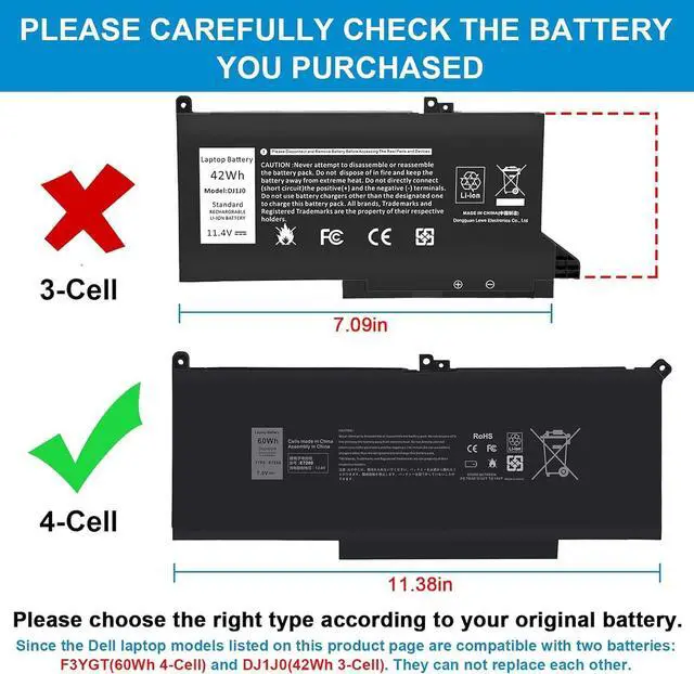 Alt view image 9 of 14 - 60Wh F3YGT Replacement Laptop Battery for Dell Latitude 12 7000 7280 7290 13 7380 7390 P29S002 14 7480 7490 P73G002 E7480 E7280 E7290 DM3WC DM6WC 2X39G