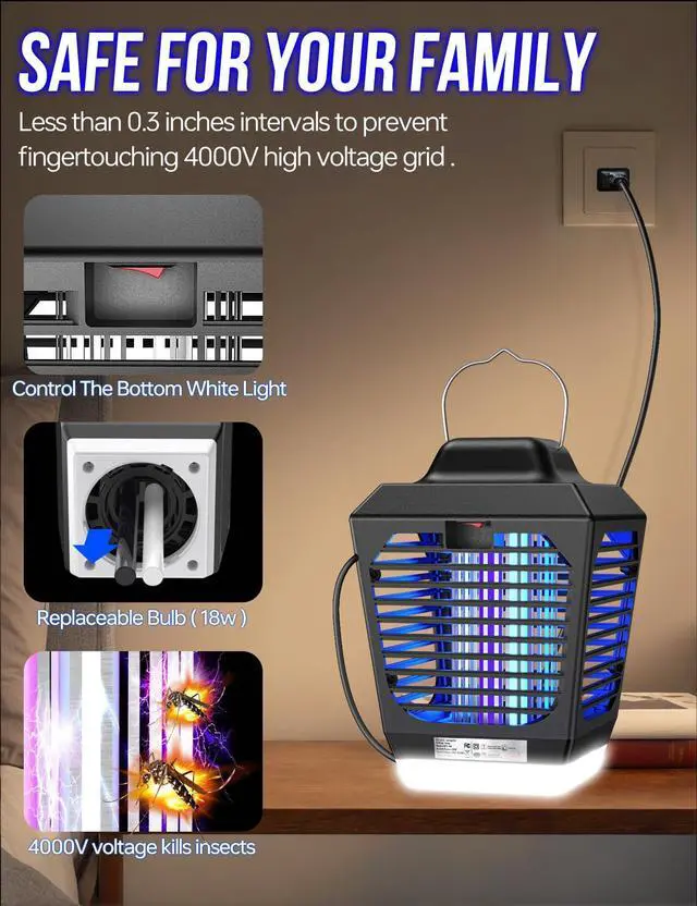 Alt view image 12 of 12 - 4200V Bug Zapper, Waterproof Electric Flying Insect Trap with LED Light, ABS Housing, Indoor Fly Trap and Outdoor Mosquito Zapper, Plugin for Home Patio Garden