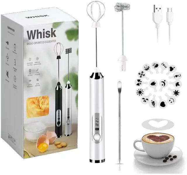 Alt view image 8 of 14 - Rechargeable Milk Frother - 3-Speed Electric Handheld Coffee Mixer With 2 Whisks and Decoration Tool, Stand-up Design for Latte, Cappuccino, Cream (White)