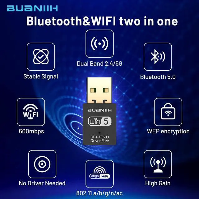 Alt view image 9 of 14 - WiFi Adapter for Desktop PC,USB WiFi Adapter,Bluetooth&WiFi 2-in-1,Dual Band 600Mbps 2.4/5.8Ghz Wireless Network,Plug and Play, for PC/Laptop/Desktop,Support Win7/8/8.1/10/11