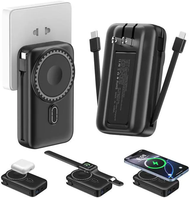 Alt view image 8 of 14 - Magnetic Portable Charger 10000mAh for iPhone with Built-in Cables and Wall Plug,Wireless Power Bank with iWatch Charger,LCD Display 22.5W Fast Charging Battery Pack for iPhone 16/15/14/13/12 (Black)