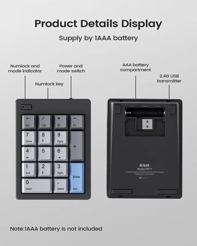 Alt view image 11 of 14 - FD17 Wireless Mechanical Number Pad, Bluetooth 5.0& 2.4G Dual Mode Numeric Keypad, 17 Keys Hot Swappable Numpad with PBT Keycaps for Laptop/PC/TKL Keyboards(Black, Linear Switch)