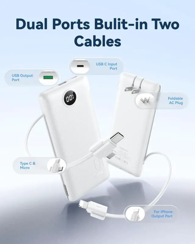Alt view image 9 of 14 - Portable Charger Power Bank - 10000mAh Fast Charging 22.5W PD 20W Slim Portable Charger Built in Cables,Power Bank with Cords,USB C Portable Phone Charger Travel Accessories -White
