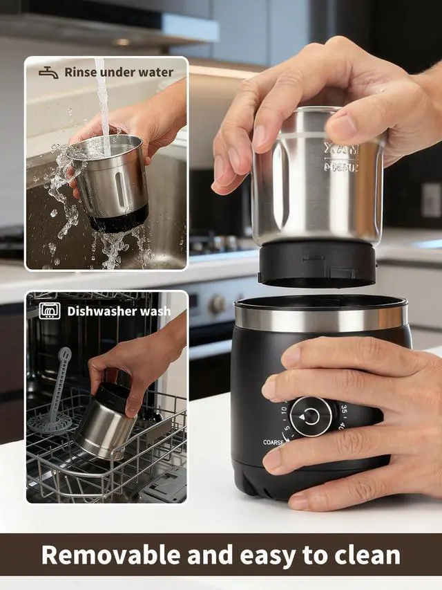 Alt view image 12 of 14 - Electric Coffee Grinder with Silent Grinding Blades & Timer Knob to Adjustable Coarse to Fine, Espresso Grinder with Removable Stainless Steel Bowl for Coffee Bean, Herb, Spices, Seeds (Black)