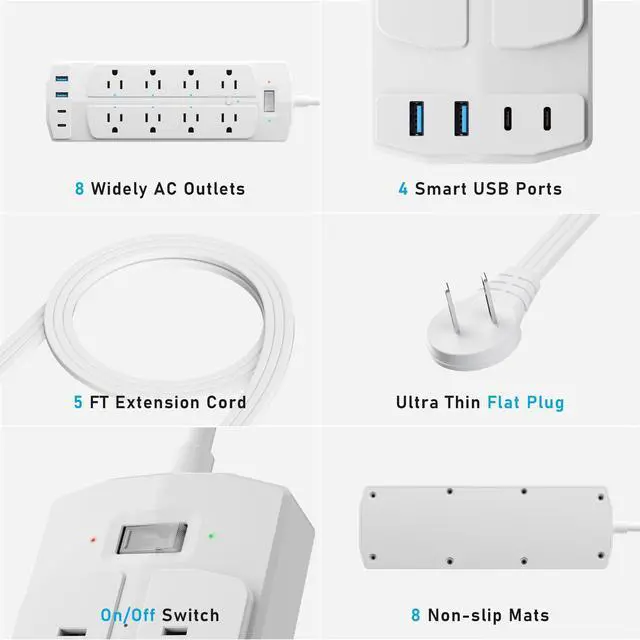 Alt view image 11 of 12 - 2 Prong Smart Plug Power Strip, 2 Prong to 3 Prong Outlet Adapter, Surge Protector 2000J, 5 FT Flat Plug Extension Cord with 8 Outlets 4 USB Ports(2 USB C), Wall Mountable, White