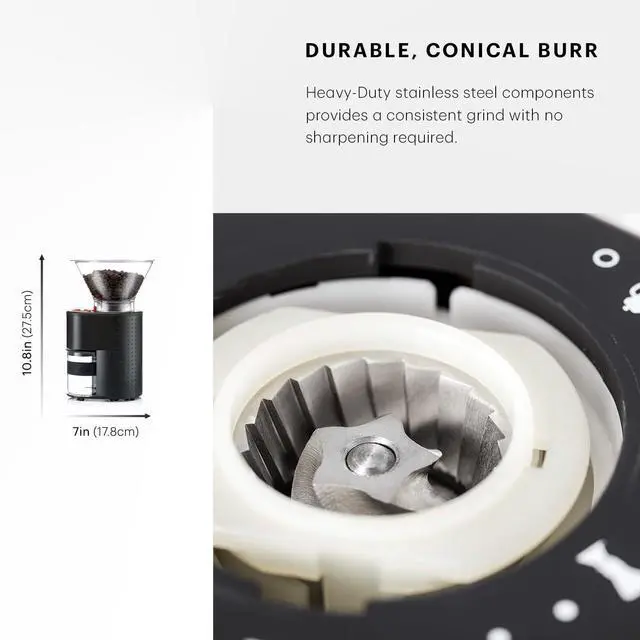 Alt view image 7 of 8 - Bistro Electric Conical Burr Coffee Grinder, Preset Timer, 12 Grind Settings, Black