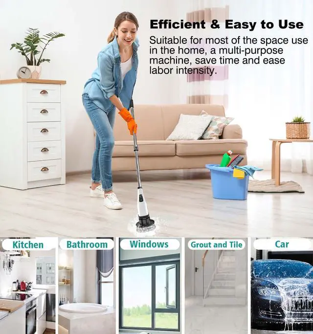 Alt view image 9 of 13 - Electric Spin Scrubber Scrub Brush, Rechargeable Cleaning Brush with 8 in 1 Replaceable Brush Heads, Cordless Power Spin Scrubber 90Mins for Bathroom Shower Bathtub Glass Car