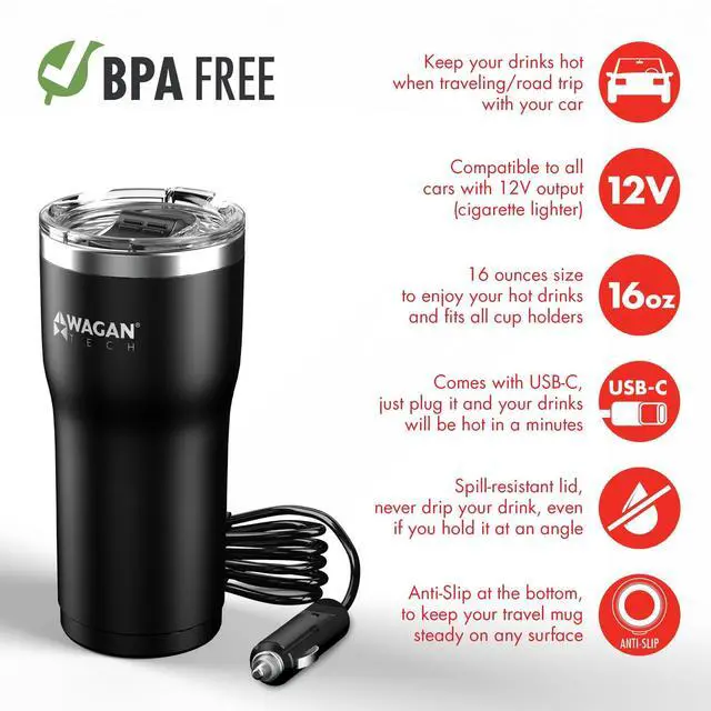 Alt view image 9 of 11 - EL6101 12V Travel Car Heated Mug Portable 16oz Stainless Steel USBC PD20W 12V DC Anti-Spill Lid Slip Resistant Base Car Coffee Warmer Coffee Cup USBC PD20W 12V DC (Black)