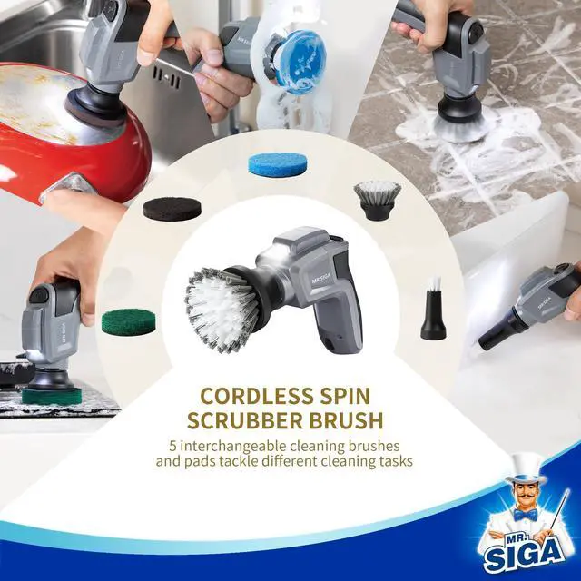 Alt view image 9 of 10 - Electric Spin Scrubber for Kitchen and Bathroom Cleaning, Waterproof Rechargeable Cordless Spin Scrubber with 5 Replaceable Cleaning Brushes and Pads