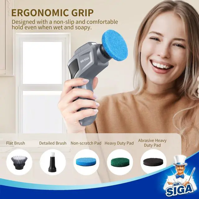 Alt view image 10 of 10 - Electric Spin Scrubber for Kitchen and Bathroom Cleaning, Waterproof Rechargeable Cordless Spin Scrubber with 5 Replaceable Cleaning Brushes and Pads