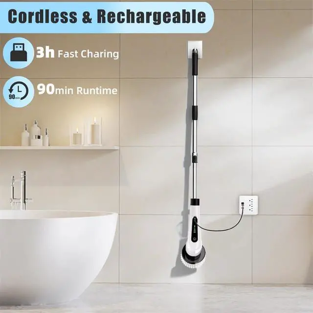 Alt view image 8 of 12 - Electric Spin Scrubber, Full Body Waterproof Cordless Cleaning Brush with 7 Replaceable Brush Heads Power Scrubber Shower Adjustable & Detachable Handle for Bathroom, Tub, Tile, Floor, Car