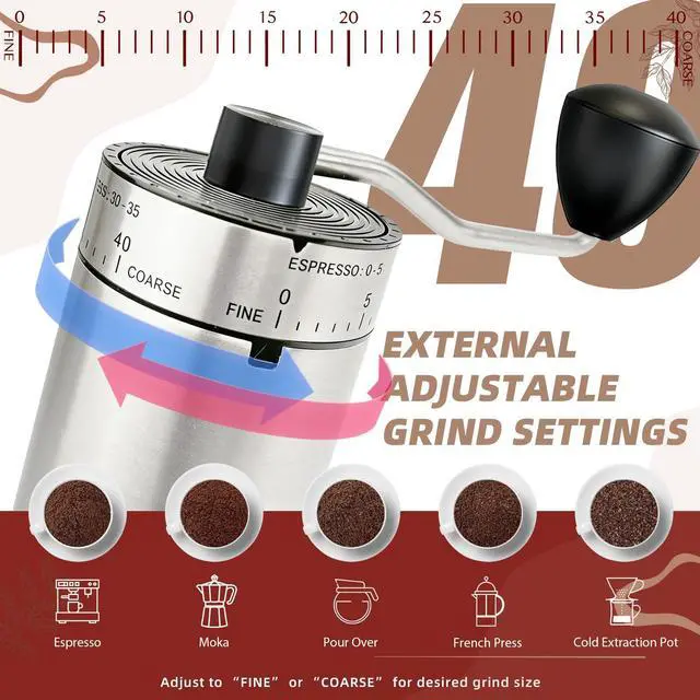Alt view image 9 of 13 - Manual Coffee Grinder 40 External Adjustable Settings, Ceramic Conical Burr Stainless Steel Hand Coffee Bean Grinder, Portable Coffee Mill for Espresso, Pour Over, French Press, Camping Travel