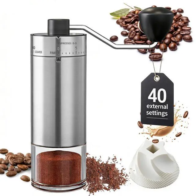 Alt view image 8 of 13 - Manual Coffee Grinder 40 External Adjustable Settings, Ceramic Conical Burr Stainless Steel Hand Coffee Bean Grinder, Portable Coffee Mill for Espresso, Pour Over, French Press, Camping Travel