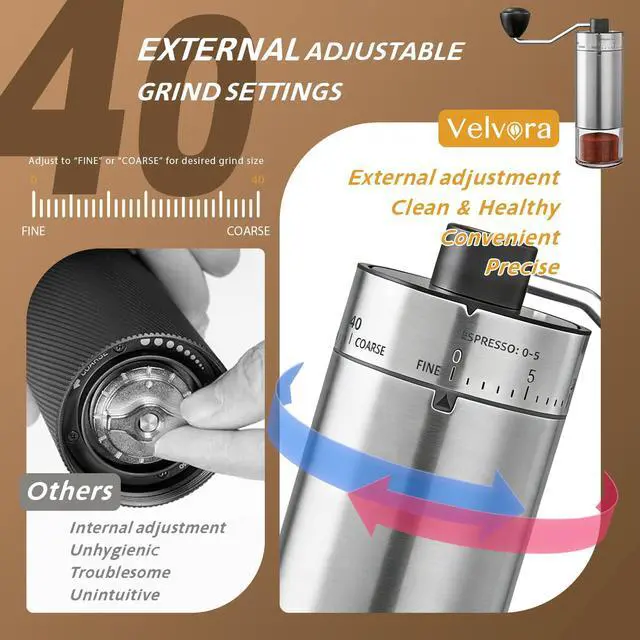 Alt view image 11 of 13 - Manual Coffee Grinder 40 External Adjustable Settings, Ceramic Conical Burr Stainless Steel Hand Coffee Bean Grinder, Portable Coffee Mill for Espresso, Pour Over, French Press, Camping Travel