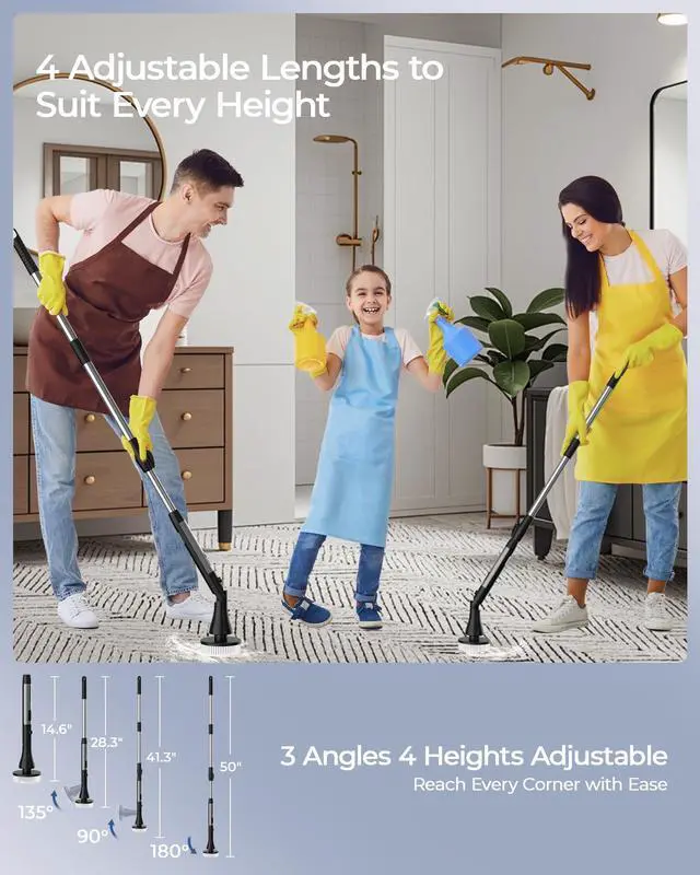 Alt view image 9 of 14 - Electric Spin Scrubber with 9 Brush Heads, 3-Angle & 4-Length Adjustable Cordless Power Scrubber, 3-Speed & Battery LED Display, Electric Scrubber for Cleaning Bathroom Bathtub Floor Tiles