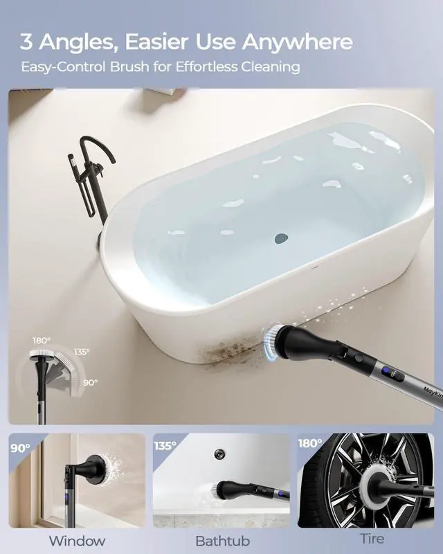 Alt view image 11 of 14 - Electric Spin Scrubber with 9 Brush Heads, 3-Angle & 4-Length Adjustable Cordless Power Scrubber, 3-Speed & Battery LED Display, Electric Scrubber for Cleaning Bathroom Bathtub Floor Tiles